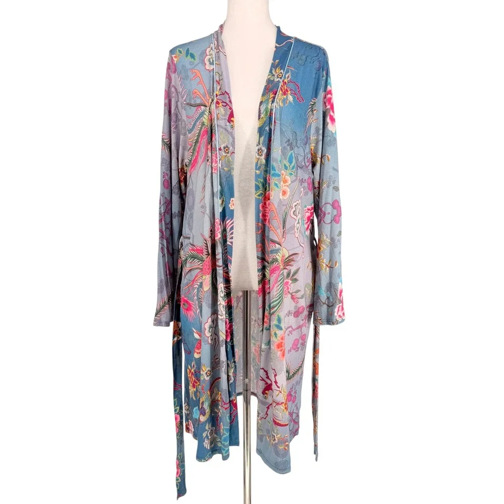 Johnny Was Women M Phoenix Floral Pima Cotton Modal Robe Kimono Blue Pockets